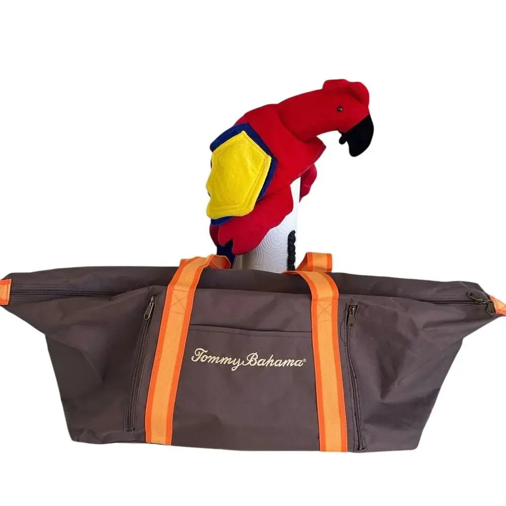 Tommy Bahama Duffle Bag Brown Canvas Orange Trim Weekender Travel Gym